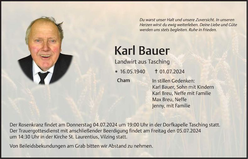 Traueranzeige Karl Bauer