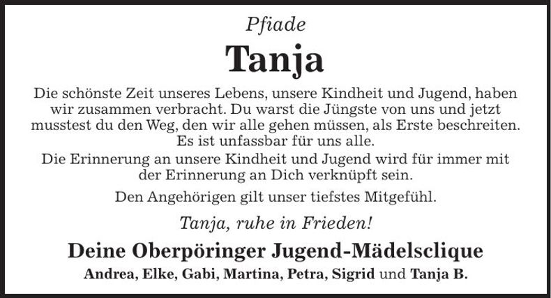 Traueranzeige Tanja Huber