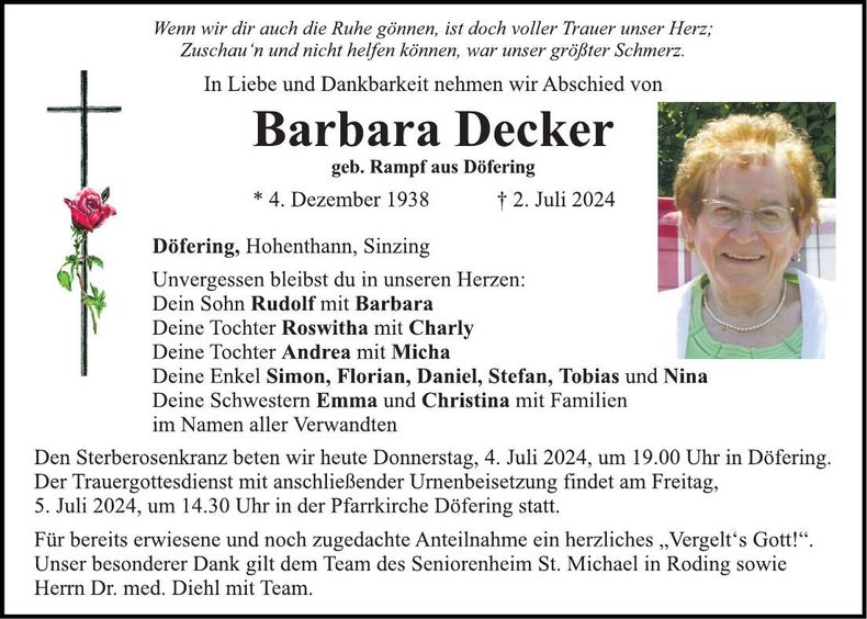 Traueranzeige Barbara Decker