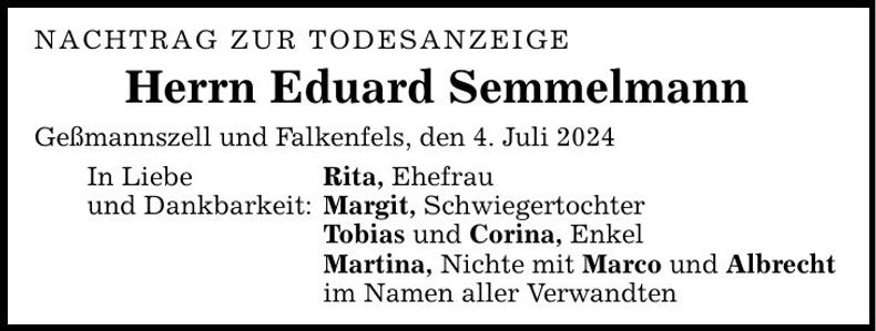 Traueranzeige Eduard Semmelmann