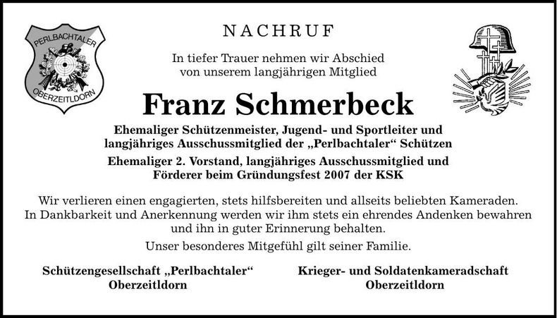 Traueranzeige Franz Schmerbeck