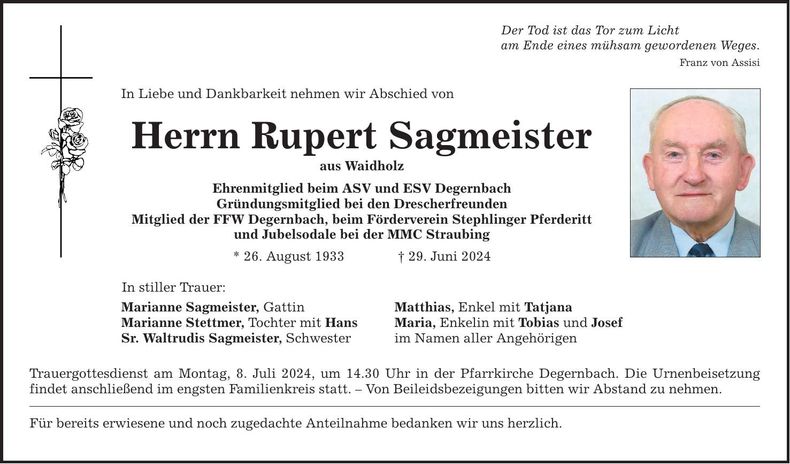 Traueranzeige Rupert Sagmeister