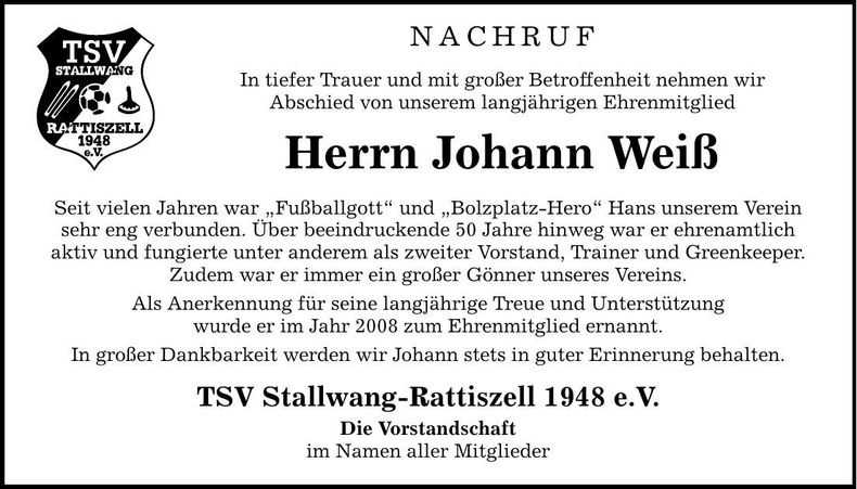Traueranzeige Johann Weiß