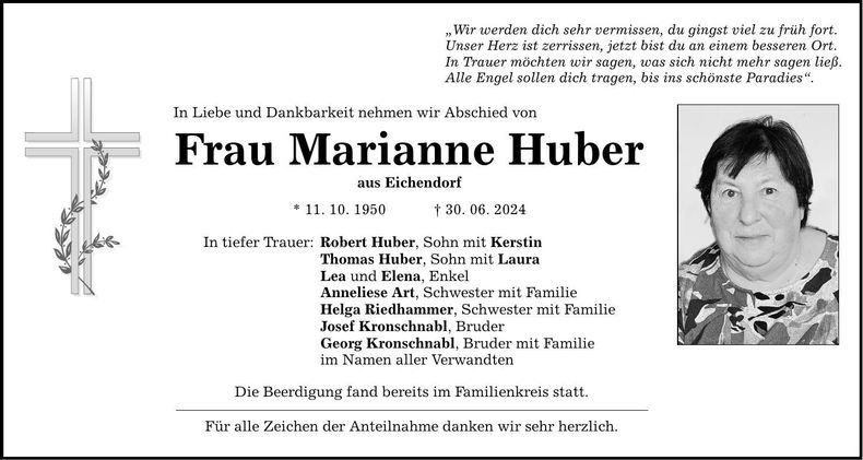 Traueranzeige Marianne Huber