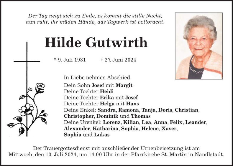 Traueranzeige Hilde Gutwirth