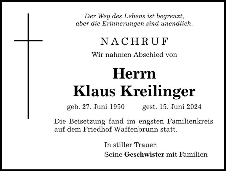 Traueranzeige Klaus Kreilinger