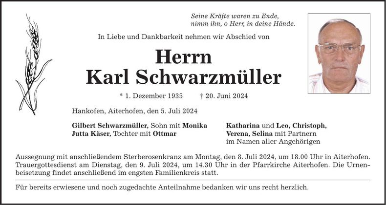 Traueranzeige Karl Schwarzmüller