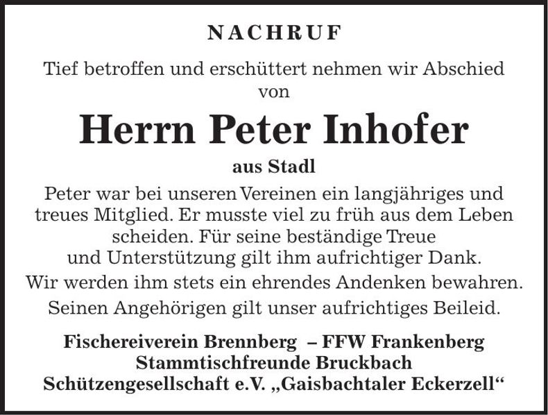 Traueranzeige Peter Inhofer
