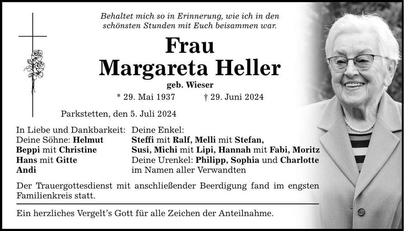 Traueranzeige Margareta Heller