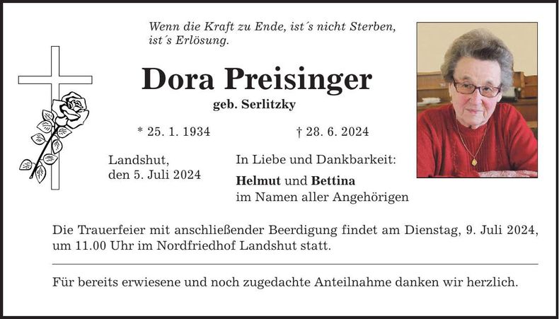 Traueranzeige Dora Preisinger