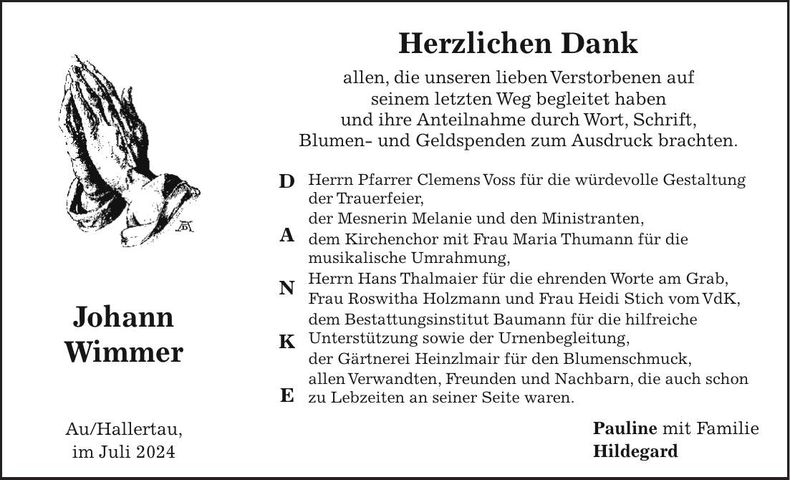 Traueranzeige Johann Wimmer