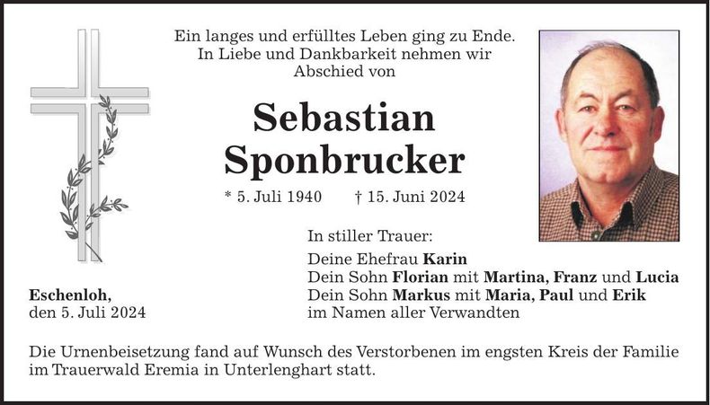 Traueranzeige Sebastian Sponbrucker