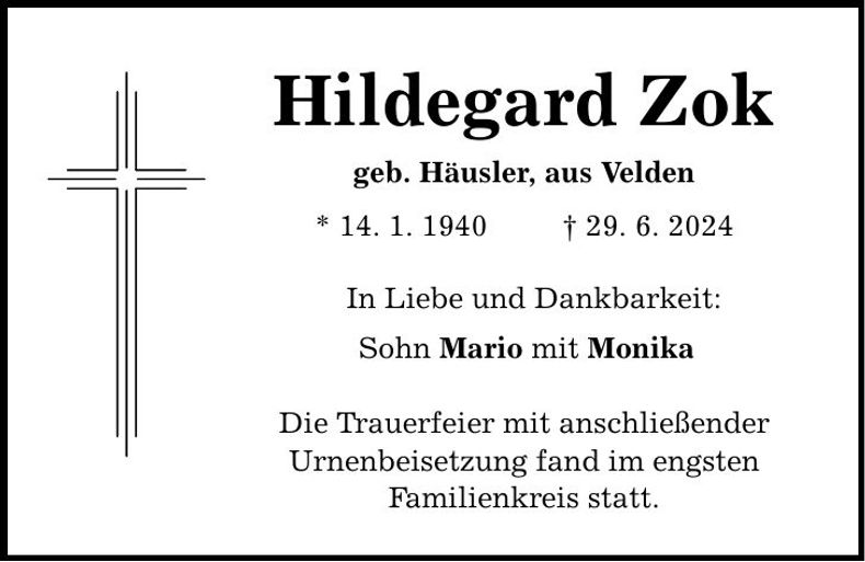 Traueranzeige Hildegard Zok