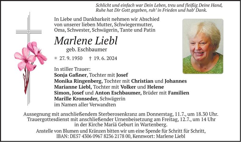 Traueranzeige Marlene Liebl