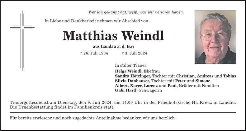 Traueranzeige Matthias Weindl