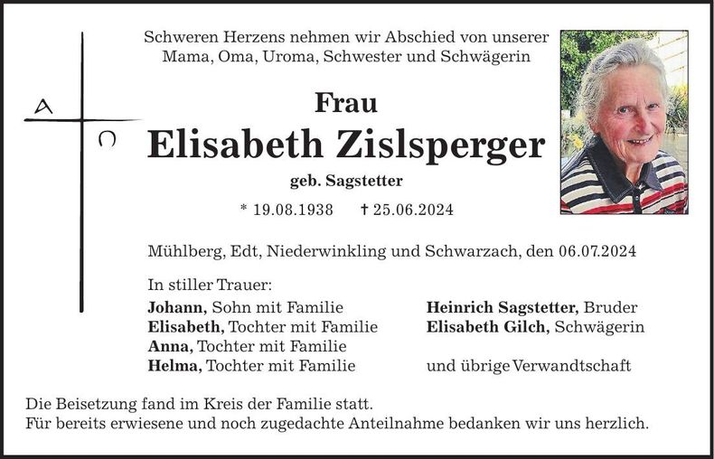 Traueranzeige Zislsperger Elisabeth