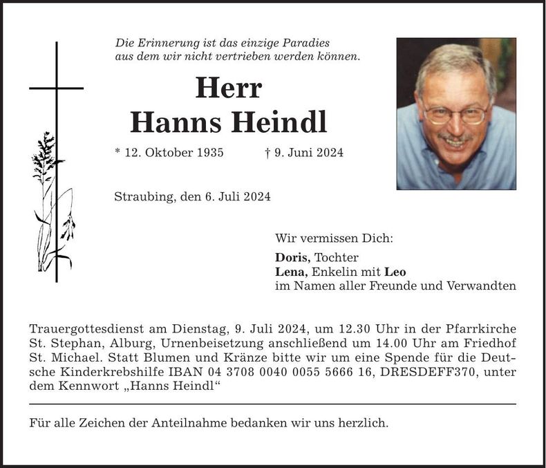 Traueranzeige Hanns Heindl