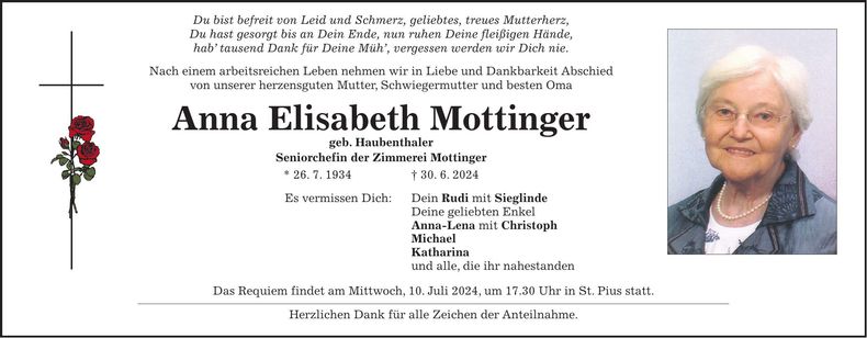 Traueranzeige Anna Elisabeth Mottinger