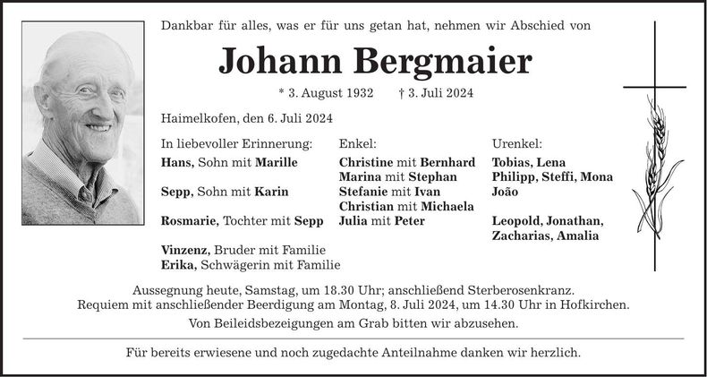Traueranzeige Johann Bergmaier