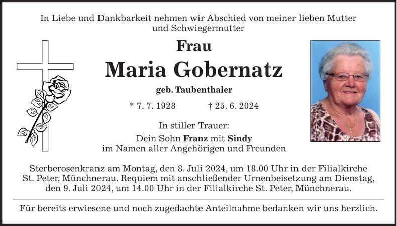 Traueranzeige Maria Gobernatz