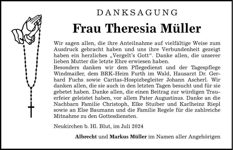 Traueranzeige Theresia Müller