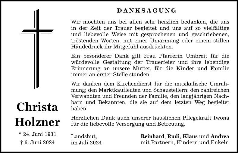 Traueranzeige Christa Holzner