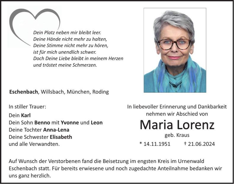 Traueranzeige Maria Lorenz