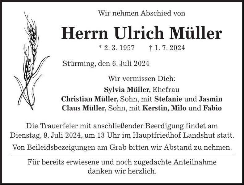 Traueranzeige Ulrich Müller