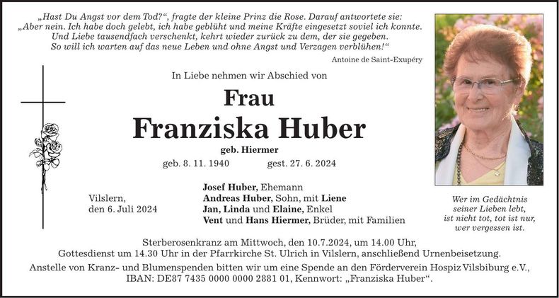 Traueranzeige Franziska Huber
