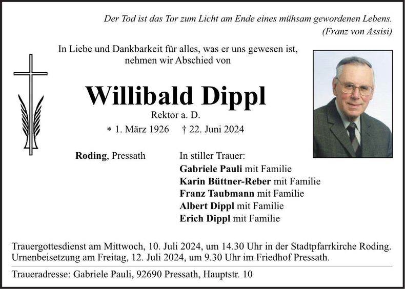 Traueranzeige Willibald Dippl