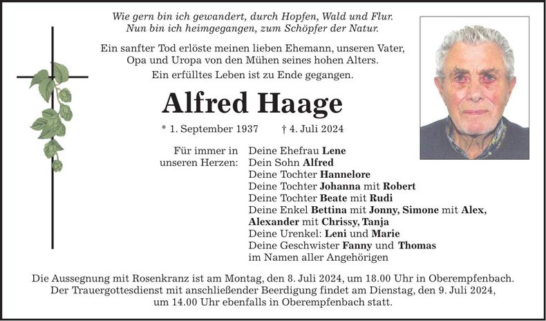 Traueranzeige Alfred Haage