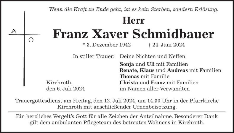 Traueranzeige Franz Xaver Schmidbauer