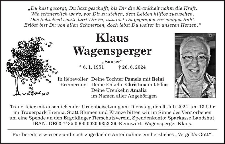 Traueranzeige Klaus Wagensperger