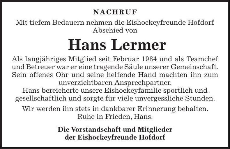 Traueranzeige Johann Lermer
