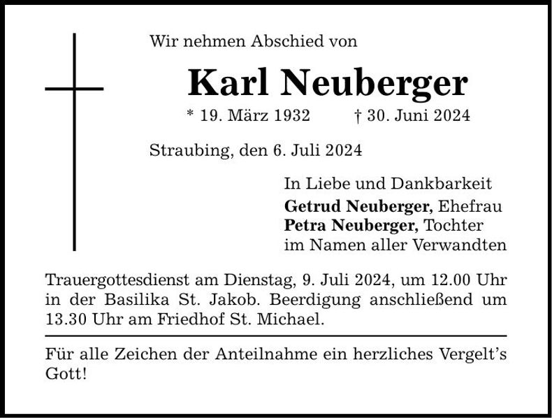 Traueranzeige Karl Neuberger