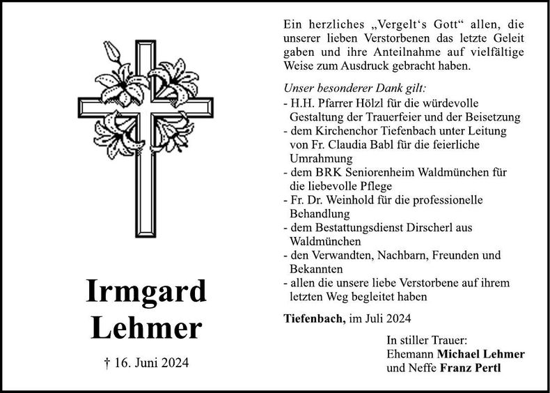 Traueranzeige Irmgard Lehmer
