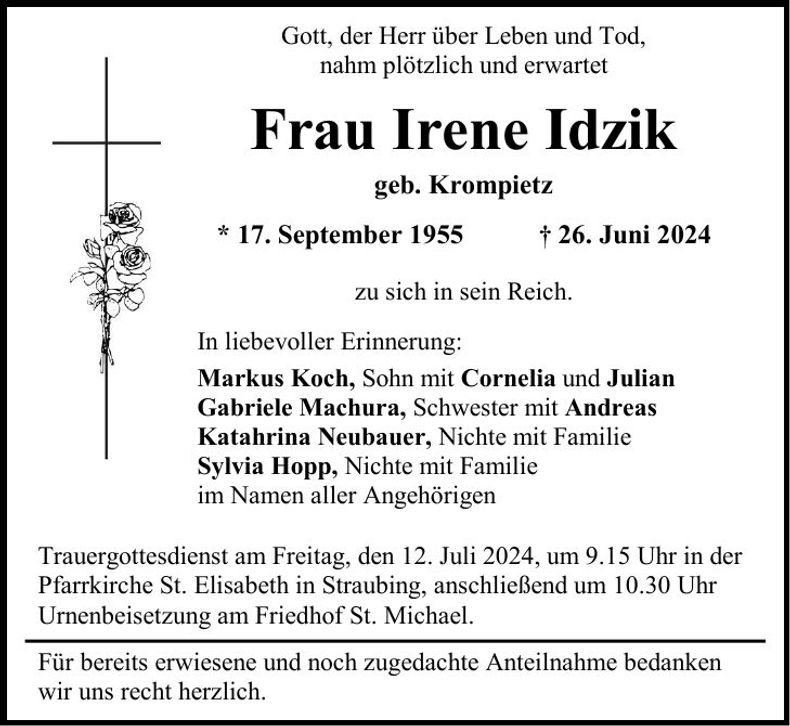 Traueranzeige Irene Idzik