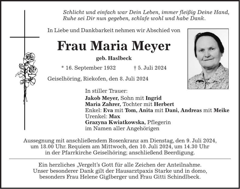 Traueranzeige Maria Meyer