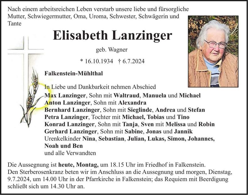 Traueranzeige Elisabeth Lanzinger