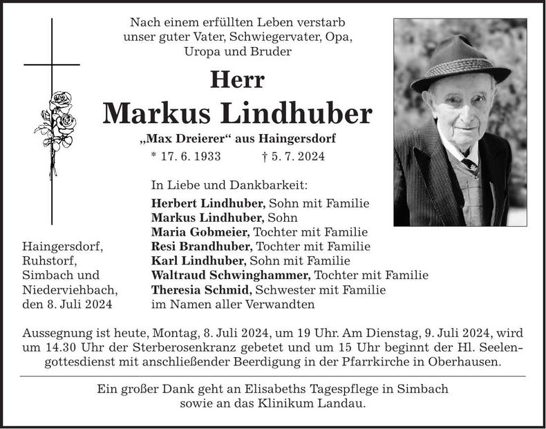 Traueranzeige Markus Lindhuber