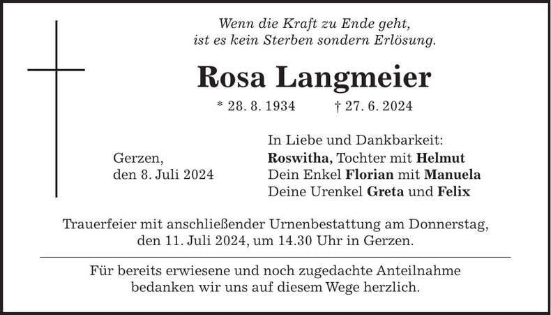Traueranzeige Rosa Langmeier