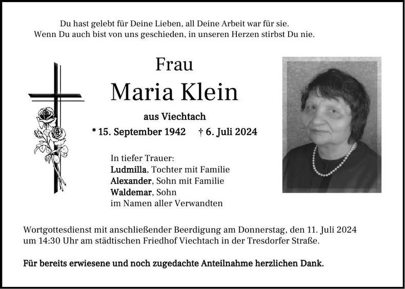 Traueranzeige Maria Klein Maria Klein