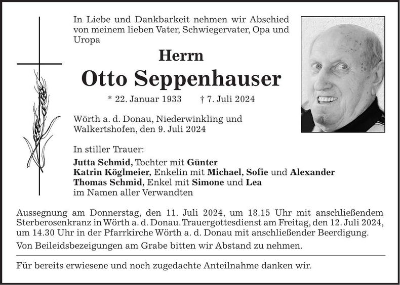Traueranzeige Otto Seppenhauser