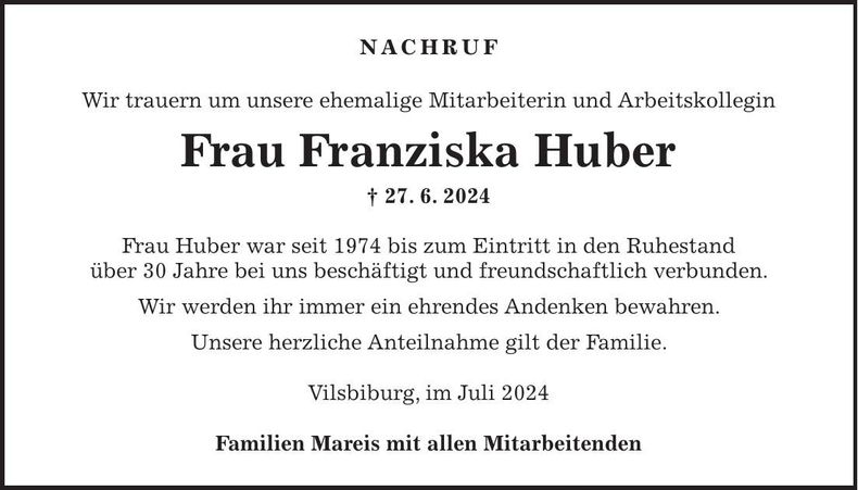 Traueranzeige Franziska Huber