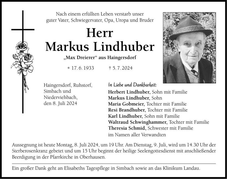 Traueranzeige Markus Lindhuber