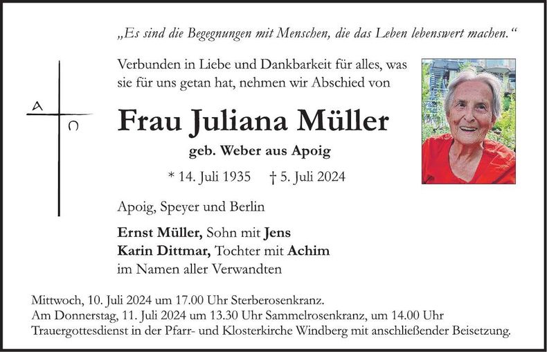 Traueranzeige Juliana Müller
