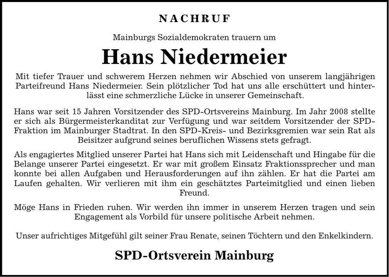 Traueranzeige Hans Niedermeier