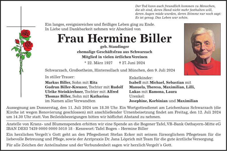 Traueranzeige Hermine Biller