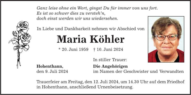 Traueranzeige Maria Köhler