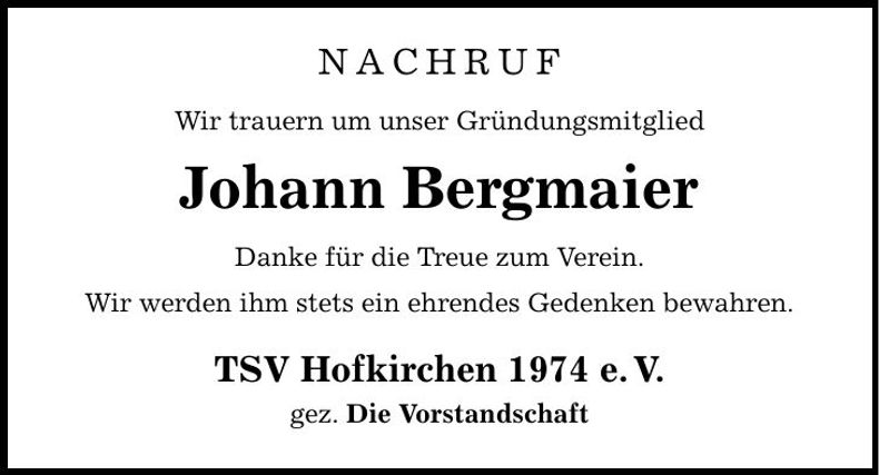 Traueranzeige Johann Bergmaier